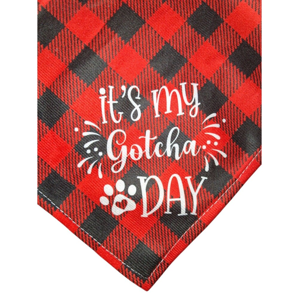 NIP Dog Bandana "It's My Gotcha Day" Black and Red Plaid 25" x 12" M/L